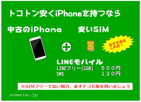 トコトン安くiPhoneを持つなら、安いiPhone×安いSIMで。おすすめはLINEモバイルのLINEフリー(1GB)500円、SMS120円。※SIMフリーでない場合、必ずドコモ版を買いましょう