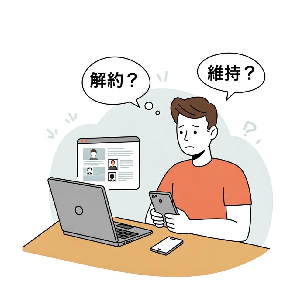 携帯の解約か維持かに悩む男性